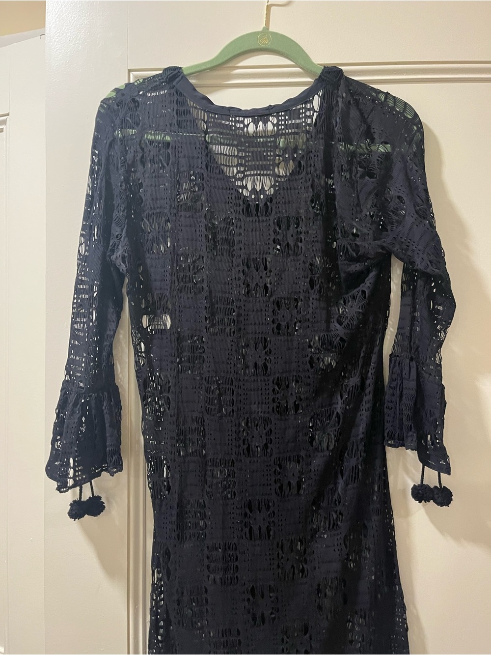 Black open weave Lace Swim Coverup with Tassel Sleeves